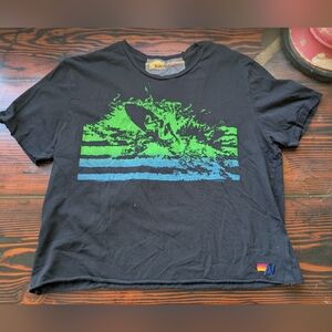 Aviator Nation Women’s Crop Graphic T-Shirt Black Surf Print Size XL Made in USA